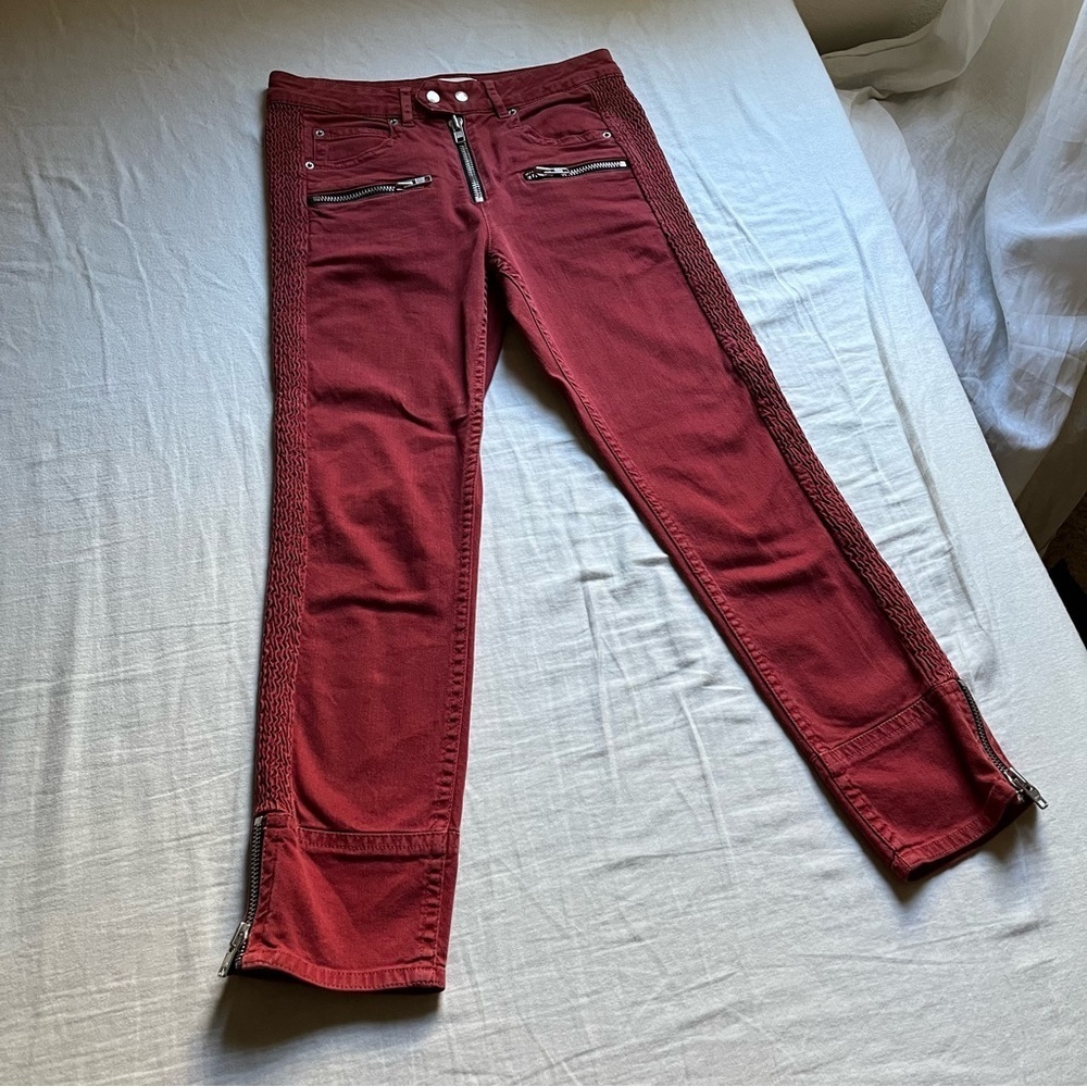 Isabel Marant Etoile red moto denim slim cropped‎ jeans